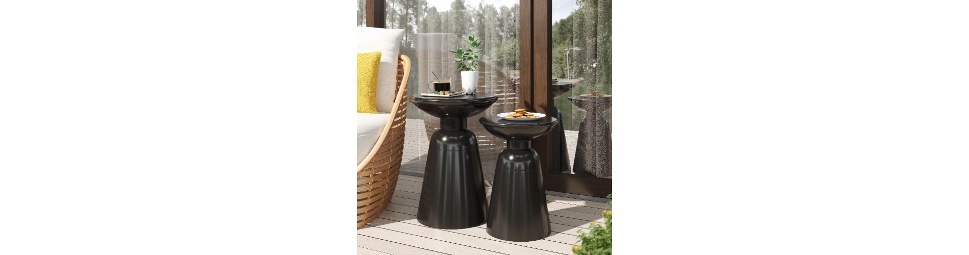 Lyngins Modern 2-Pack Iron Patio Side Tables with Flared Design Bases, Outdoor End Tables with Circular Tops, Black Sofa Side Table
