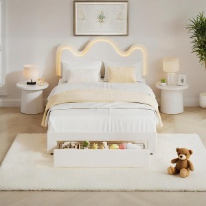 LED Bed Frame with Storage Drawers, Cute Flower Headboard with Soft Teddy Fleece Fabric Bed Frame for Kids Girls - 1 of 4