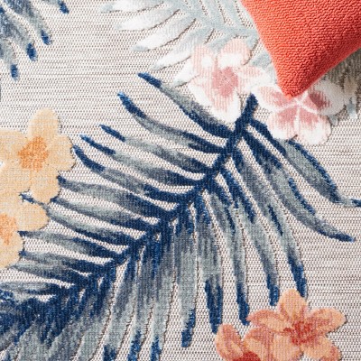 Cabana Floral Grey & Navy 77" Square Non-Slip Outdoor Rug
