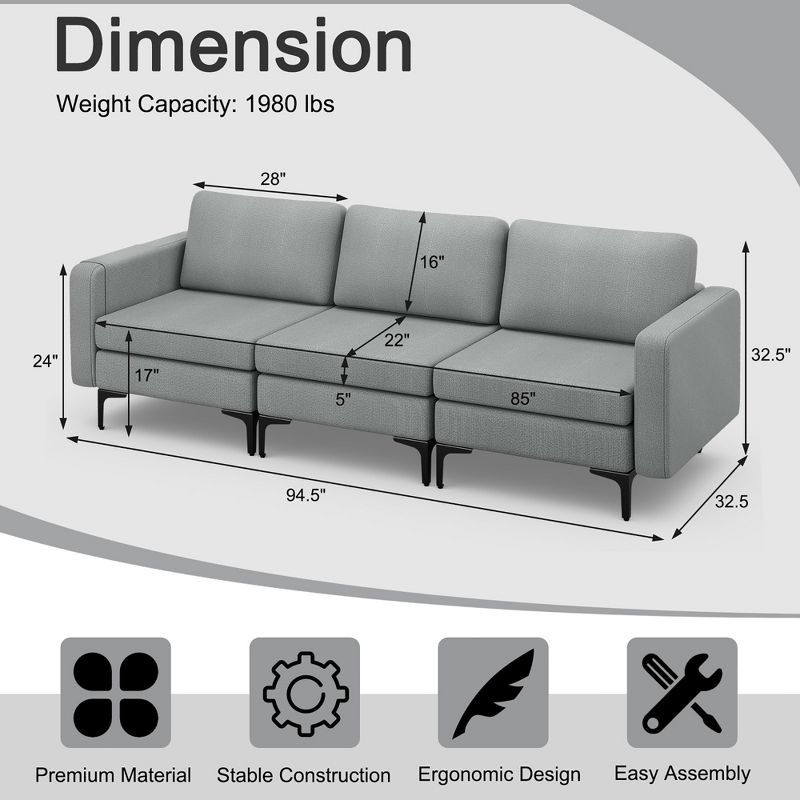 Costway Modern Modular 3-Seat Sofa Couch w/ Side Storage Pocket & Metal Leg Green\Grey, 4 of 10