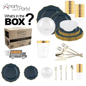 Smarty Had A Party Navy with Gold Blossom Rim Disposable Plastic Tableware Set (60 Settings) - 1 of 4