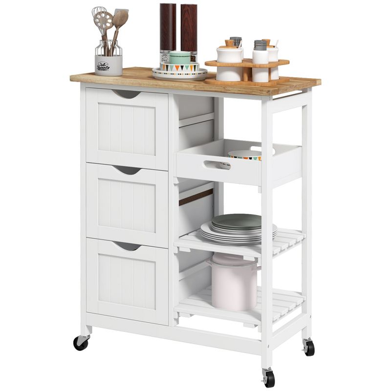 HOMCOM Rolling Kitchen Island Cart, Bar Serving Cart, Compact Trolley on Wheels with Wood Top, Shelves & Drawers for Home Dining Area, 4 of 7