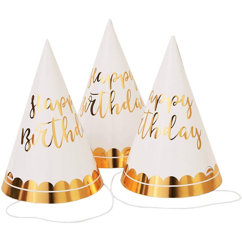 12-Pack Gold Foil Happy Birthday Party Cone Hats for Adults and Kids, 4 X 6 inches, 1 of 5