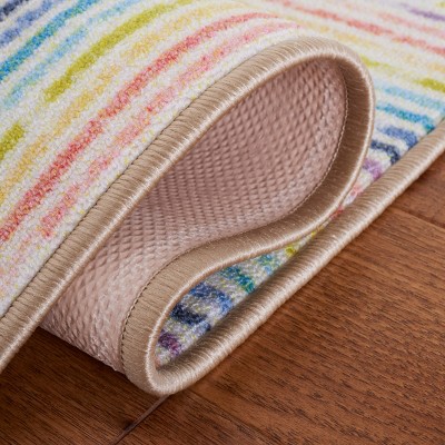 Ivory and Blue Geometric Stripes Kids Playhouse Rug, 6'7" x 9'