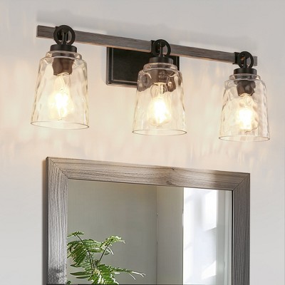 YANSUN 24 in. 3-Light Black and Wood Modern Bell Vanity Light for Bathroom Mirror with Water Glass Shades