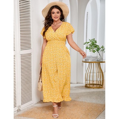 Womens Plus Size Short Sleeve Smocked Waist Wide Leg Summer Jumpsuits