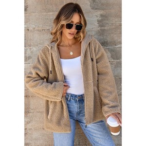 Pale Khaki Fleece Zip Up Drawstring Hooded Pocketed Jacket - 1 of 1