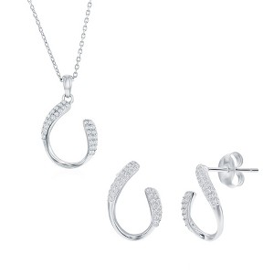 Bella Silver Sterling Silver, Curved Oval-Shaped CZ Necklace & Earrings Set - Silver - 16+2 Inch - 1 of 4