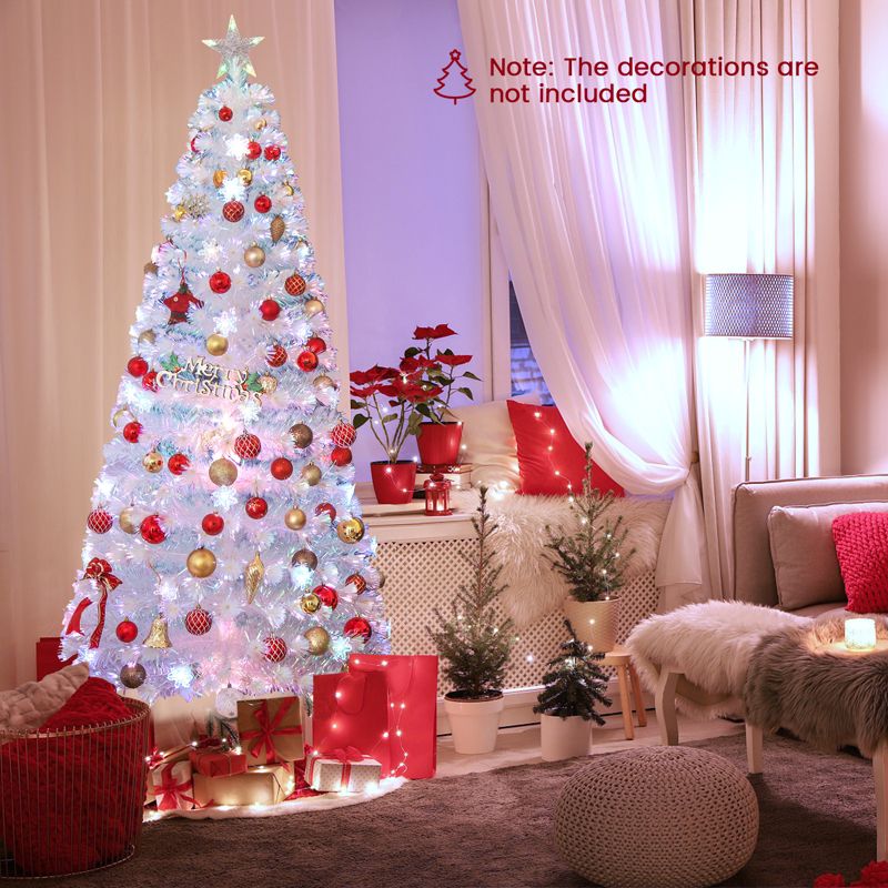 Tangkula 5/6/7FT Artificial Fiber Optic Christmas Tree White Pre-lit Xmas Tree w/ Iridescent Leaves 24/30/36 Multi-color Snowflake Lights, 4 of 10