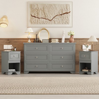 3-Piece Bedroom Set with 6-Drawer Dresser and 2 Nightstands, Elegant Retro Design with Metal Handles, White/Gray - ModernLuxe