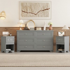 3-Piece Bedroom Set with 6-Drawer Dresser and 2 Nightstands, Elegant Retro Design with Metal Handles, White/Gray - ModernLuxe - 1 of 4