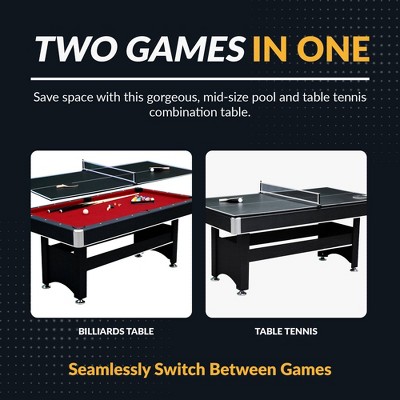 6-Foot Black Pool Table with Red Felt and Table Tennis Top