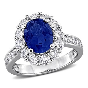 CREATED FOREVER | Sterling Silver 2.2 CT TGW Oval-Cut Created Blue Sapphire and 1.23 CT TW Lab-Grown Diamond Halo Ring - 1 of 4
