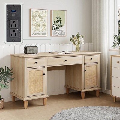 Brafabhome Computer Desk with Power Outlets, Writing Desk with 3 Drawers & 2 Storage Cabinet, Rattan Executive Desk for Bedroom Home office | Nature