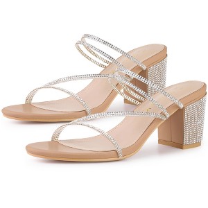Allegra K Women's Rhinestone Instep Strap Block Heel Slide Sandals - 1 of 4