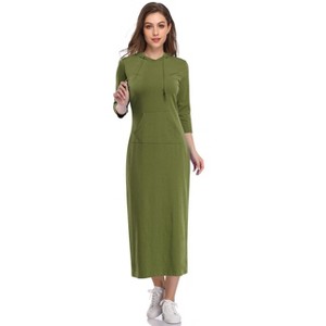 Coolmee Women Hoodies Maxi Dress Casual 3/4 Sleeve Tunic Dress Slim Hooded Sweatshirts Dress with Pocket - 1 of 4