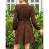 Women's Puff Long Sleeve Wrap Smocked Waist Chiffon Leopard Print Mini Dress - 4 of 4
