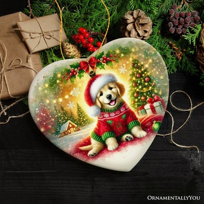 Heart-Shaped Festive Golden Retriever Porcelain Ornament