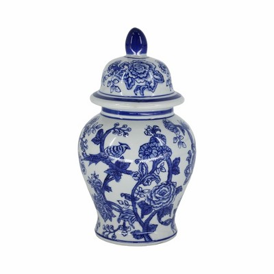 Sagebrook Home 10" Temple Jar - White and Blue Chinoiserie Design - Contemporary Glam Ceramic Temple Jar For Indoor