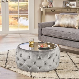 Upholstered Ottoman Round Coffee Table Cocktail Table Footrest Footstool with Button-Tufted Diamond Stitching, Beige/Dark Blue/Smoke Gray-Merax - 1 of 4