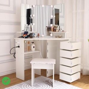 Corner Vanity Table w/5 Rotating Drawers 3 Color Lighting Brightness Adjustable - 1 of 4