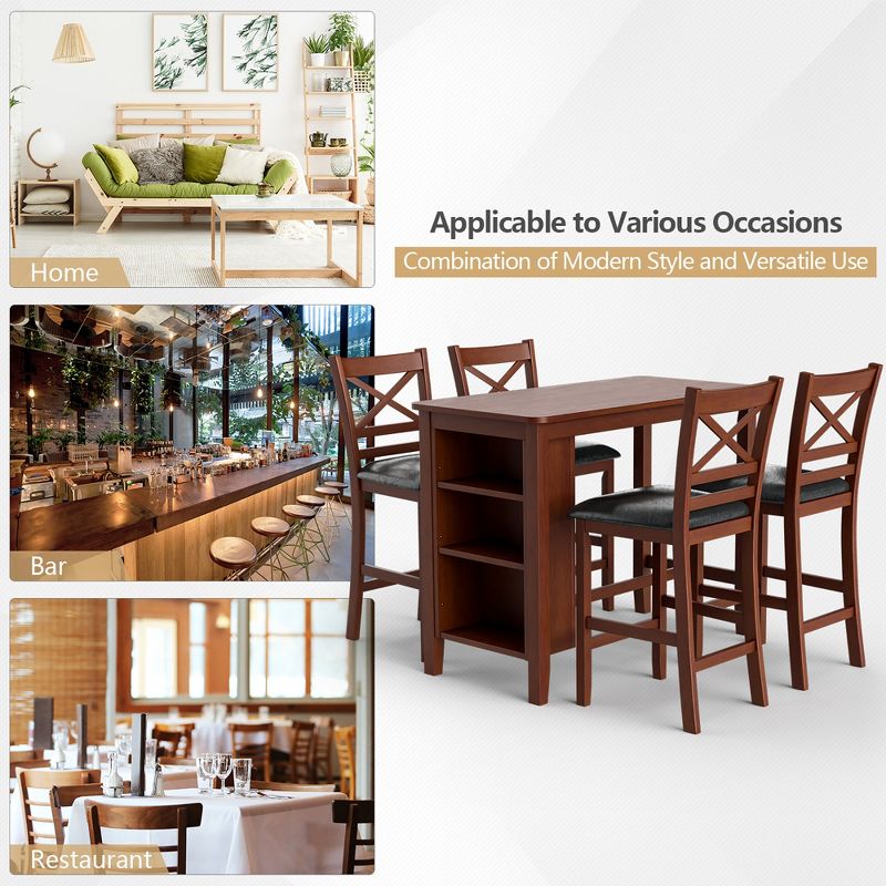 Costway 5PCS Pub Dining Table Set w/ Storage Shelves&4 Upholstered Chairs Walnut, 5 of 10