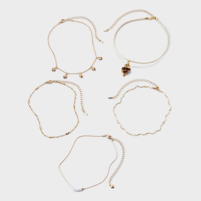 Dainty Chain Choker Necklace with Shell Heishi and Flower Charms Set 5pc - Wild Fable&#8482; Gold, 2 of 6