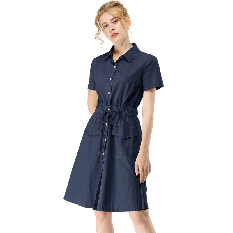 Allegra K Women's Point Collar Front Elastic Waist Drawstring Above Knee Shirt Dress with Pocket, 3 of 8
