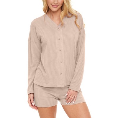 ADR Women's Pajamas Set, Soft Ribbed Knit Waffle Pajamas Lounge Set, Long Sleeve Sweater Top Shirt and Shorts