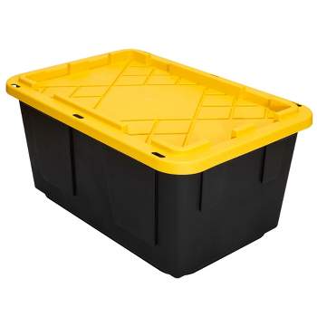 GreenMade Professional Storage Ultra Durable 27 Gallon Plastic Storage Tote Bin with Snap Fit Lid and Padlock Holes, Black and Yellow (4 Pack)