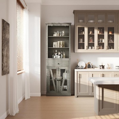 Garvee 66.5" Farmhouse Tall Slim Storage Cabinet with 5 Tiers, Glass Doors & Drawer ¨C Gray Wood Grain Wooden Bookcase, Gray