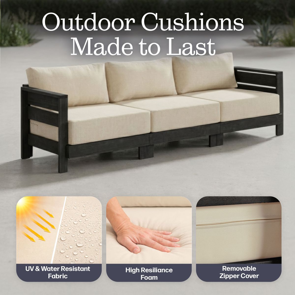 Alaterre Furniture Barton 3 Seater Outdoor Patio Sofa - Weather-Resistant Eucalyptus Wood Outdoor Couch with Thick Cream Cushions - (Black) - thumbnail 4