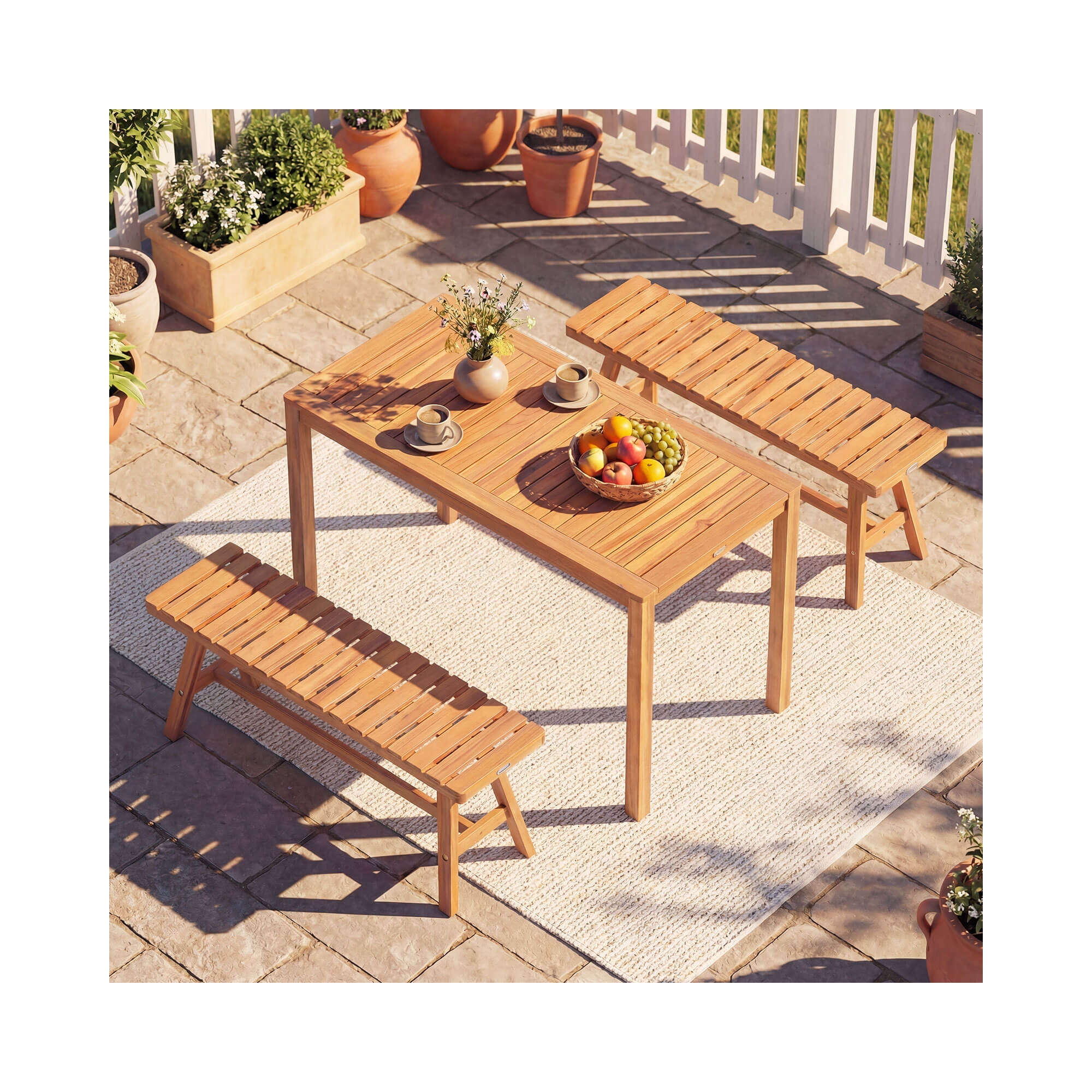 Costway 3 PCS Acacia Wood Patio Dining Set with Slatted Seats for Deck, Lawn and Backyard