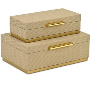 HomeRoots Set of Two Taupe And Gold Nesting Decorative Storage Boxes With Lids - 1 of 4