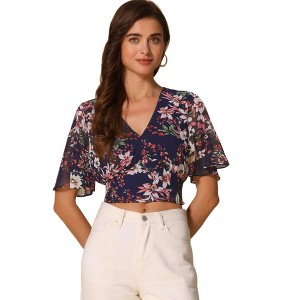 INSPIRE CHIC Women's Floral Flare Short Sleeve V Neck Summer Smocked Crop Tops - 1 of 4