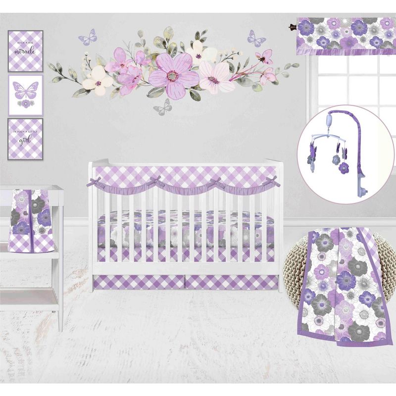 Bacati - Watercolor Floral Purple Gray 10 pc Girls Crib Bedding Set with Long Rail Guard Cover, 4 of 12