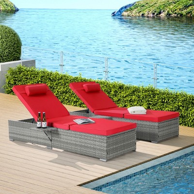 Set Of 2 Outdoor PE Rattan Chaise Lounge with Cushions,Beach Recliner with Adjustable Backrest,Armrests Patio Lounge Chair-Coolbibila