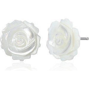 Rhodium Plated 925 Sterling Silver Earrings with Carved Mother of Pearl Rose Design - 1 of 4
