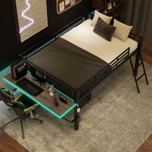 Bellemave Gaming Loft Bed Frame, Full Size Metal Mid Loft Bed with LED Light and Desk, Black - 1 of 4