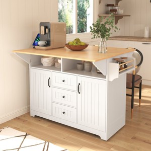 Rolling Kitchen Island On Wheels With Power Outlet And 3 Drawers,Kitchen Cart With 2 Drop Leaf,Spice And Towel Rack -Maison Boucle - 1 of 4