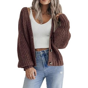 Zeagoo Women's 2025 Fall Chunky Knit Cardigans Open Front Long Sleeve V Neck Button Loose Cardigan Sweaters - 1 of 4