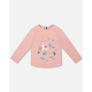 Deux par Deux Girl Organic Cotton T-Shirt Dusty Pink with Llama - 1 of 4