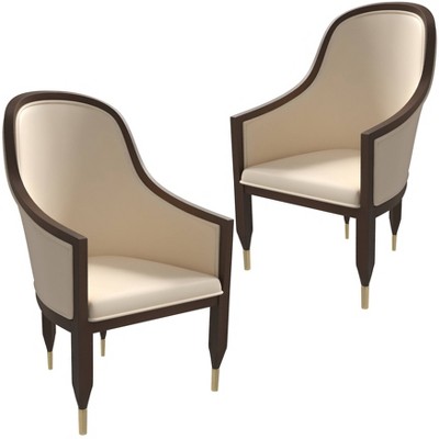LeisureMod Upholstered Dining Chair in Leather with Gold Metal Caps and Rubberwood Frame Belle Series Set of 2