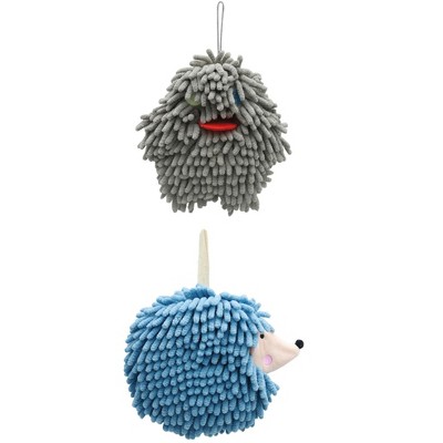 REGALWOVEN Fuzzy Cute Cartoon Decorative Hand Drying Hanging Ball Hand Towels 7" x 7" 2 Pcs