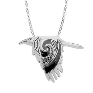 Slickblue Sterling Silver Flying Raven Pendant Necklace with Black CZ and 18" Chain, Celtic Jewelry - 1 of 4