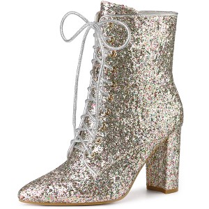 Allegra K Women's Glitter Lace-Up Pointed Toe Block Heel Ankle Boots - 1 of 4