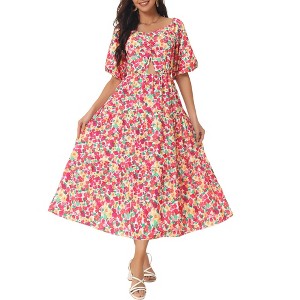 Seta T Women's Summer Casual Flowy Beach Square Neck Puff Short Sleeve Smocked Back Boho Floral Long Maxi Dress - 1 of 4