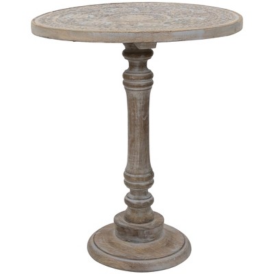 21" Natural Wood Floral Carved Round Pedestal Side Table