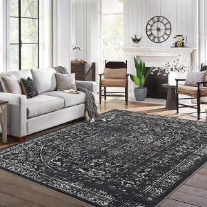 Vintage Floral Area Rug, Elegant Thin Carpet with Refined Design, Easy-Clean Low Pile for Living Room, Bedroom, Entryway - 1 of 4