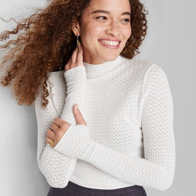Women's Mock Turtleneck Pointelle Pullover Sweater - Wild Fable™ Off-white  S : Target